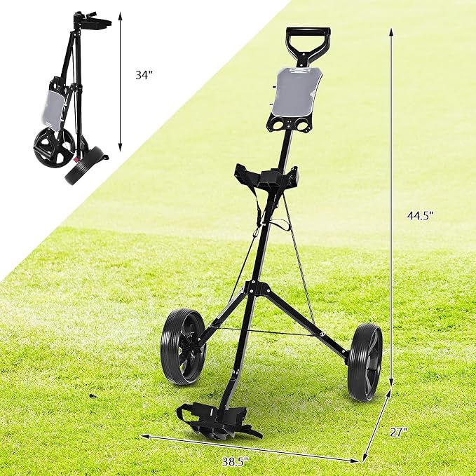 GYMAX Golf Cart, 2 Wheel Golf Push Cart with 9.5” Wear-Resistant Rubber Wheels, Elastic Strap & Scoreboard, Folding Lightweight Portable Golf Caddy Cart for Teens Adults