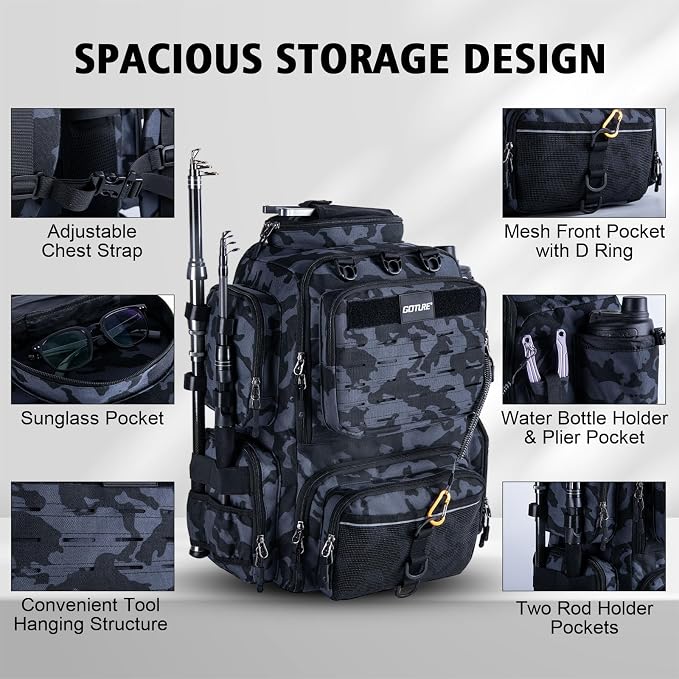 Goture Fishing Backpack,900D Water-Resistant Tackle Backpack with Rod Holders,45L Large Fishing Bag Storage Gear Tackle Bag with Rain Cover,Bottle Holder for Travel Camping Hiking(Without Tackle Box)