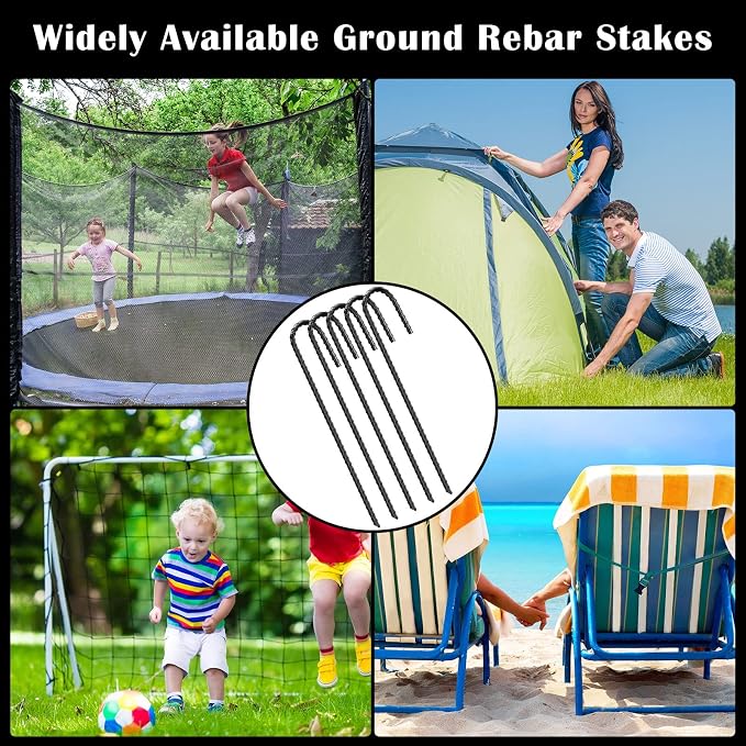 Sadnyy 36 Pack 12 Inch Heavy Duty Rebar Stakes J Hook Ground Anchors - Black Steel Chain Link Fence Stakes for Garden, Trampoline, Tent, Swing Set & Outdoor Anchors with Chisel Point