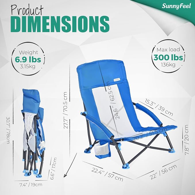 SUNNYFEEL Low Folding Beach Chair for Adults, Portable Lightweight Sling Beach Camping Chairs with Cup Holder, Armrest,Foldable Camp Lawn Chair for Outdoor Sand Concert Travel Sport Events,300LBS