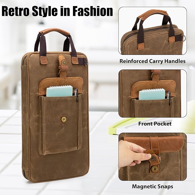 Damero Chef Knife Bag, Waxed Canvas Chef Storage Bag with 11 Slots and 2 Mesh Pockets, Knife Carrier Travel Knife Bag with Top Handles and Detachable Shoulder Strap for Kitchen Tools & Chef Utensils