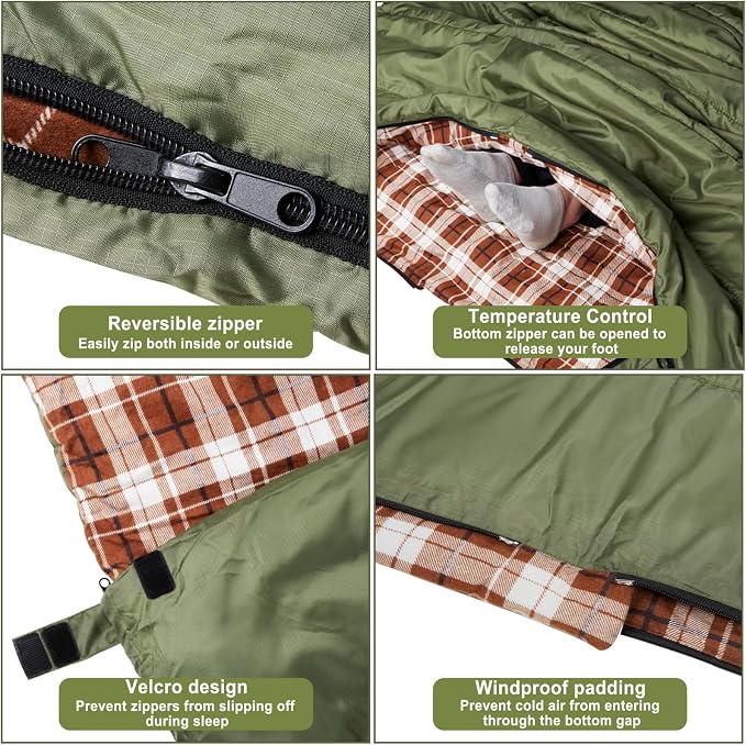 Cotton Flannel Double Sleeping Bag for Camping, Backpacking Or Hiking. Queen Size 2 Person Waterproof Sleeping Bag for Adults Or Teens. Lightweight with Compression Sack