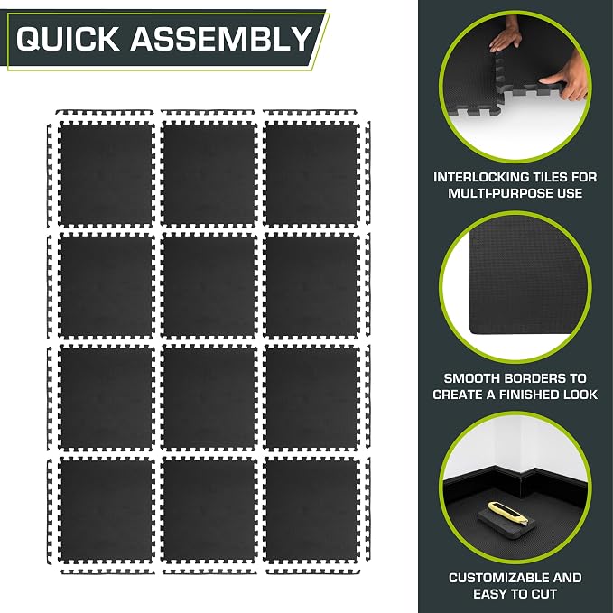 ProsourceFit Weaved Pattern Extra Thick Exercise Puzzle Mat 1-inch, EVA Foam Interlocking Tiles for Protective, Cushioned Flooring for Home and Gym Equipment; Black, 48 SQ FT, 12 Tiles