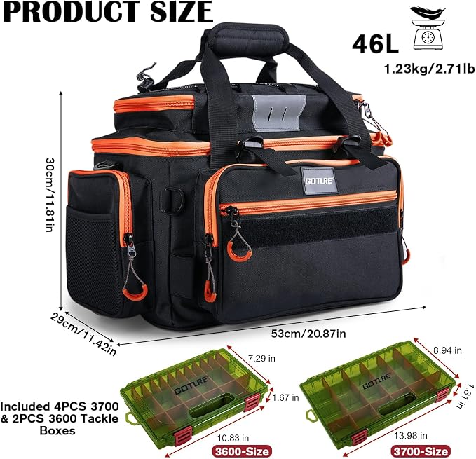 Goture Fishing Tackle Bag with 4PCS 3700 & 2PCS 3600 Tackle Boxes | 600D Water-Resistant, Rod Straps, Detachable Bottle Pouch,Waterproof Bottom, Freshwater & Saltwater Gear Storage Fishing Bag