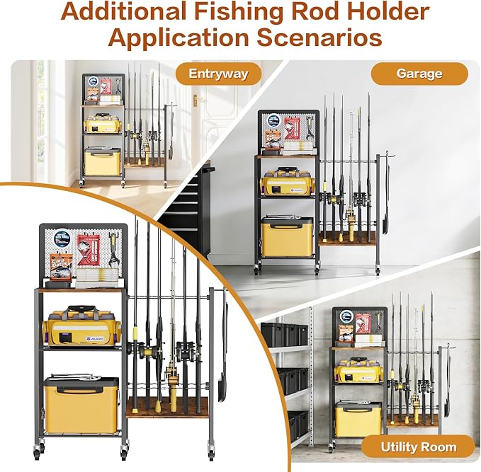 Olakee Fishing Rod Holders, Rolling Fishing Rod Rack for Garage & Boat, Tackle Box & Reel Holder Cart, Easy Assembly Fishing Gear Management System, Ideal Birthday Gift for Men Dad Anglers