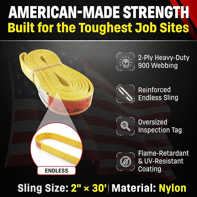 DD Sling 2" x 30' Nylon Endless Lifting Sling – USA Made, 12,800 lb Vertical, 10,200 lb Choker, 25,600 lb Basket – 2 Ply Heavy Duty 900 Webbing, Type 5 Endless Rigging Sling