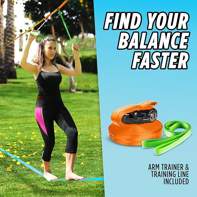 Complete Slackline Kit with Training Line - 60ft Slack Lines for Backyard for Kids and Adults, Wider Tree Protectors - Ninja Slackline Kit for Kids Outdoor Play Equipment (Complete Kit - Blue)