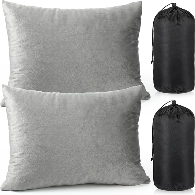 SmoothNovelty 2 Pack Camping Pillow for Sleeping Shredded Memory Foam Travel Pillow with Storage Bag, Compressible Portable Pillow for Outdoor Camp Backpacking Hiking Essential Gear(Grey,Medium)