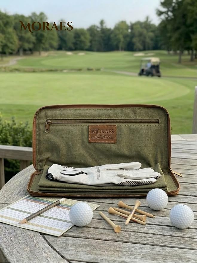 MORAES Genuine Leather Golf Glove Case Holder – Genuine Crazy Horse Leather Golf Wallet – Vintage Style Zippered Organizer Pouch – Keeps Gloves Flat & Dry – Premium Golfer Gift