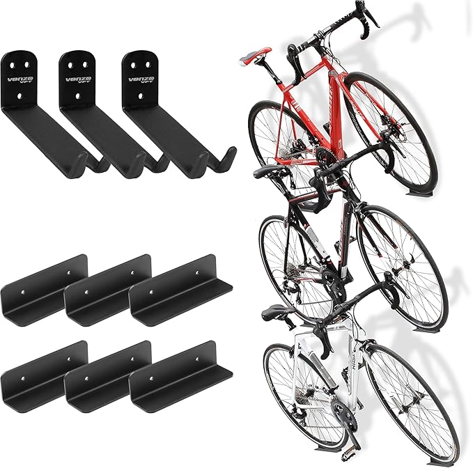 Venzo Bike Bicycle Cycling Pedal Wall Mount Indoor Storage Hanger Stand - Hook Rack Holder - with Tire Brackets - Great for Garage and Shed (3)