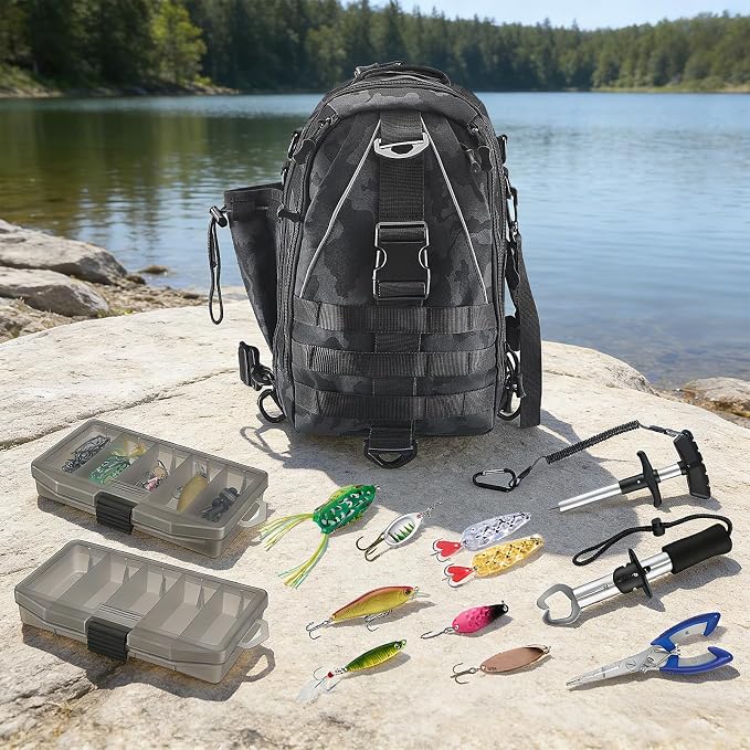 Fishing Tackle Backpack with 2 Tackle Boxes, 208PCS Complete Fishing Gear Kit for Beginners, Waterproof Fishing Bag Organizer with Fish Hook Remover, Lip Gripper, Pliers, Ideal Gift for Men