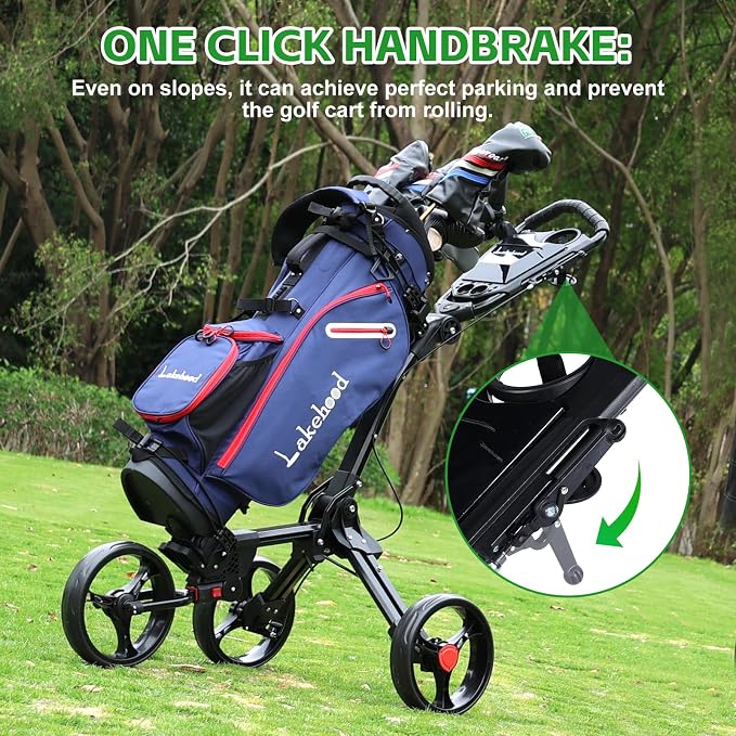 Lakehood Golf Push Cart, 3 Wheel Golf Push Cart Foldable and Golf Bag Cart, Push Cart Golf Easy to Open/Fold, Golf Caddy Push Cart with for Different Terrain with Umbrella Stand Cup Holder Scoreboard