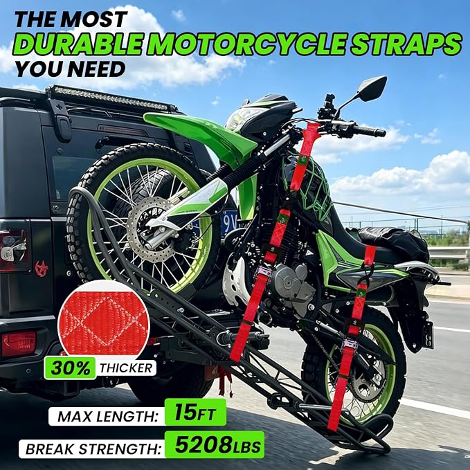Ratchet Straps Heavy Duty 4 Pack -1.5 Inch x 15 Feet (5,208LB Break Strength)- Motorcycle Tie Down Straps -1.5xThickened Wear-Resistant Ratchet Tie Down Set for Powersports, Motorcycle or Moving Cargo
