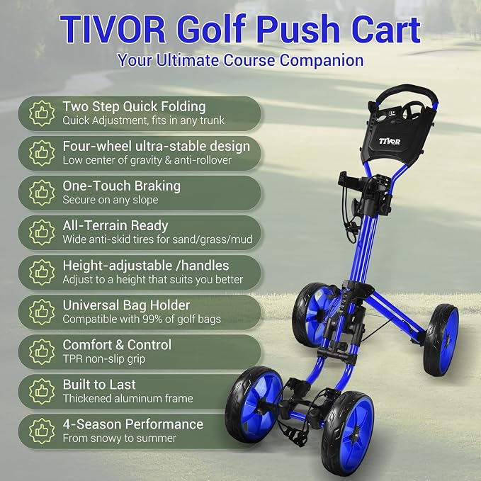 Tivor Lightweight Golf Push cart 4 Wheel Foldable Golf Trolley for Adults and Junior with Ergonomic Adjustable Handle, Scorecard Holder, Umbrella Mount, Foot Brake, All-Terrain Wheels