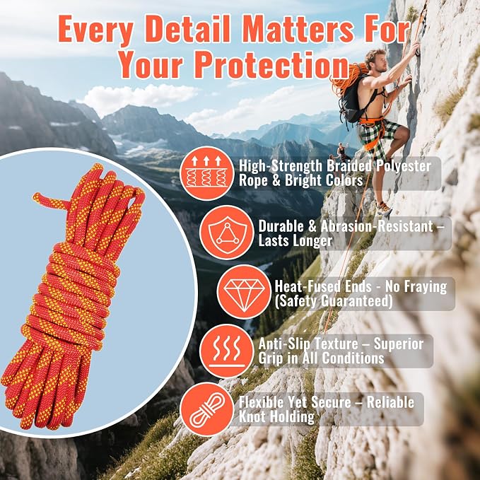 10.5mm Static Climbing Rope - 32FT Heavy Duty Rock Climbing Rope for Adults & Kids, Outdoor Rappelling Ropes for Fire Rescue, Escape, Ice Climbing, Parachute, Caving - Red