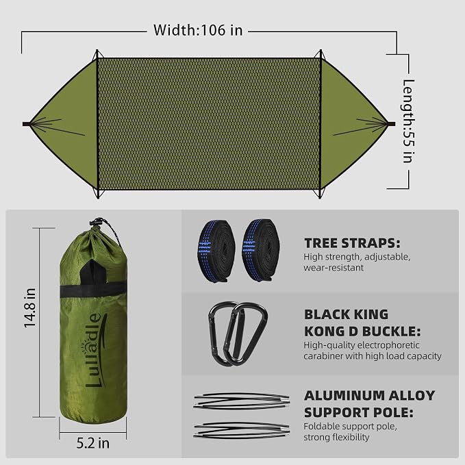 Lulladle Camping Hammock - (Double/Single) Hammock Portable with Tree Straps and with Mosquito Net，Nylon Hanging Hammock Easy Setup and Pack for Outdoor, Hiking and Backyard