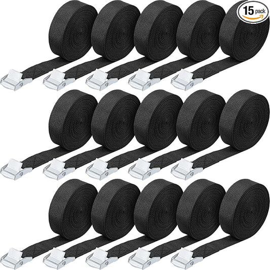 Riakrum 15 Pack 10 Feet Lashing Straps Adjustable Kayaks Tie Down Cam Buckle Straps with Buckles up to 250lbs for Cargo, Luggage, Motorcycles, Truck, Car Roof Rack, Sup Surfboard(Black)