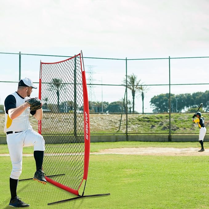 Baseball & Softball Portable Practice Batting Screen, 7-FT I-Screen or L-Screen Pitching Net for Pitcher Protection with Carry Bag and Ground Stakes