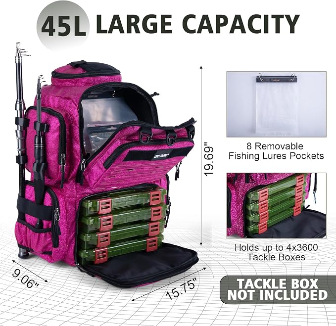 Goture Fishing Backpack, 900D Water-Resistant Tackle Backpack with Rod Holders, 45L Large Fishing Bag Storage Gear Tackle Bag with 8 Lure Pockets, Rain Cover for Camping Hiking(Without Tackle Box)