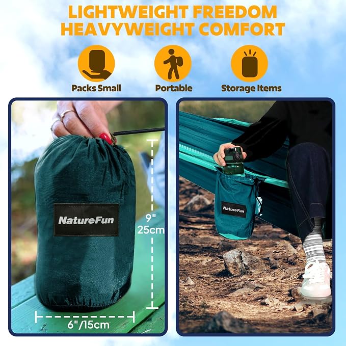 NATUREFUN Ultra-Light Travel Camping Hammock | 300kg Load Capacity,Breathable,Quick-Drying | 2 x Premium Carabiners,2 x Nylon Slings Included | Outdoor Indoor Garden