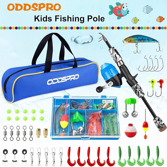 ODDSPRO Kids Fishing Pole - Portable Telescopic Kids Fishing Rod and Reel Combo Kit - with Spincast Fishing Reel Tackle Box for Girls, Youth