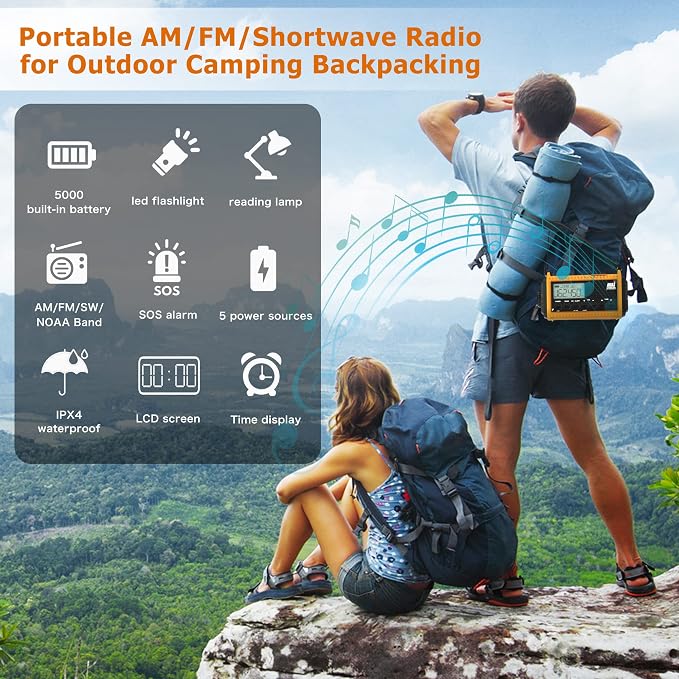 Eoxsmile NOAA Emergency Weather Radio - 5000mAh Solar/Hand Crank/Battery AM/FM/SW with USB Charger, LED Flashlight & SOS Alert, Clock, Portable Survival Radio for Power Outage, Hurricanes, Camping
