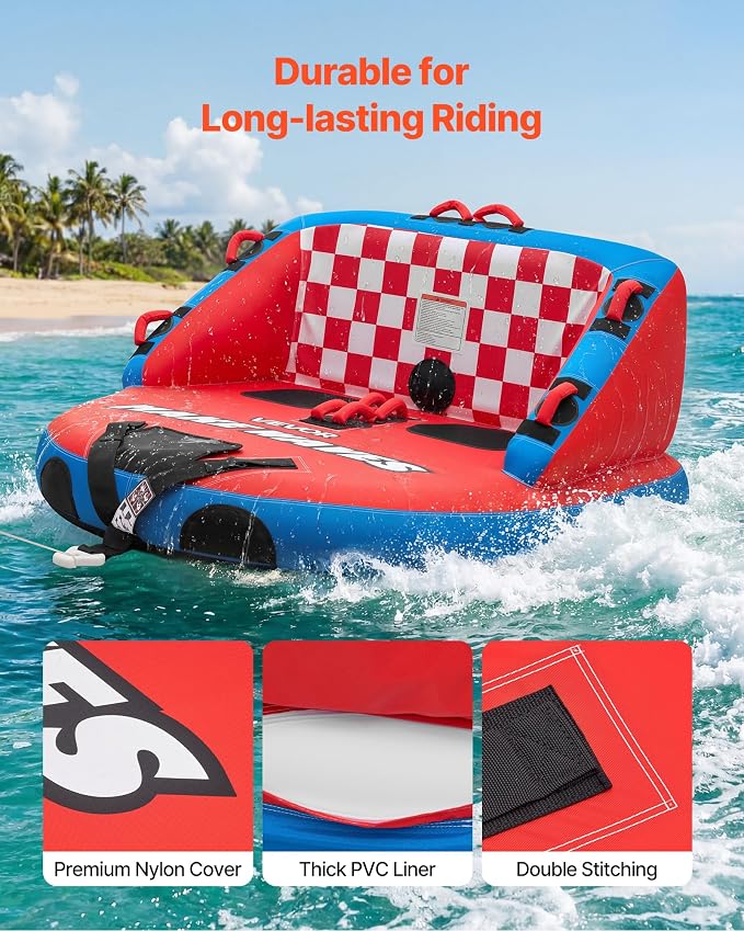VEVOR Towable Tubes for Boating, 2-Rider Inflatable Towable Tube for Boat to Pull, 340 lbs Capacity Water Sports Boating Tubes - with Full Nylon Cover, Dual Tow Points, Safety Valve & Padded Handles