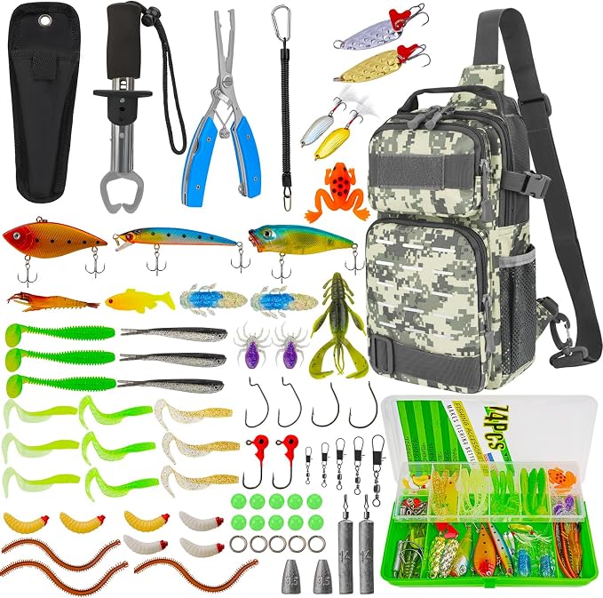 THKFISH 79 Pcs Fishing Tool Kit, Fishing Backpack with Tackle Boxes Fishing Pliers Kit Fishing Bait Lure Gear Kit Include Fish Hook Remover, Fishing Lures, Lip Gripper
