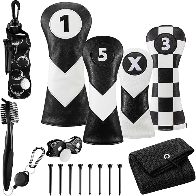16 Pcs Golf Accessories Kit, 4 Pcs Leather Golf Club Headcovers for Woods, Drivers & Hybrids with Magnetic Ball Marker, Tees & Cleaning Brush Set for Men & Women