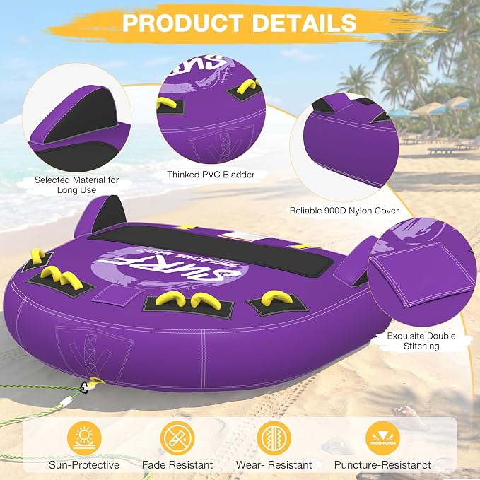 3-Person Deck Towable Tubes for Boating with Winged Side Bolsters and Towable Rope, Padded Bolster Guard Handles & Quick-Connect Tow Point