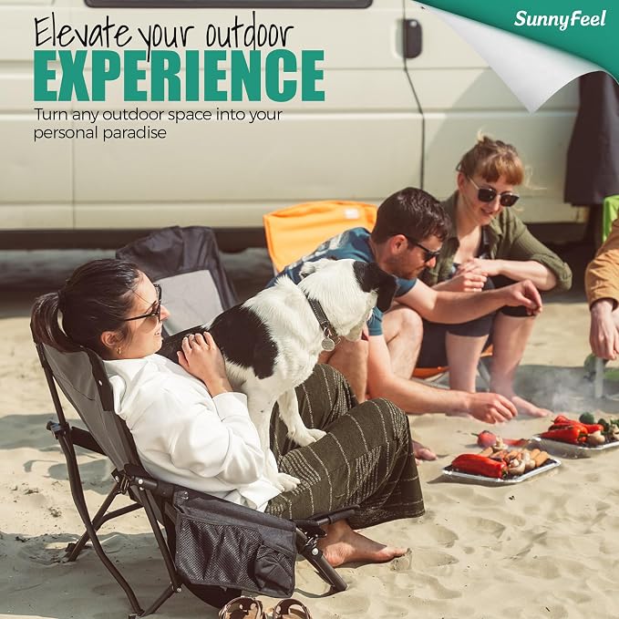 SUNNYFEEL Low Beach Chair for Adults, Lightweight Folding Sand Chair with Cup Holder & Shoulder Strap, Portable Camping Chair with Breathable Mesh Back for Beach, Concerts, Camping, Lawn & Travel