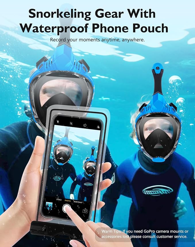VGKE Full Face Snorkel Mask for Adults, Snorkeling Gear with Waterproof Phone Pouch, Unisex for Men and Women, 180-degree HD Panoramic View, Anti-Leak & Anti-Fog, Breathe Freely