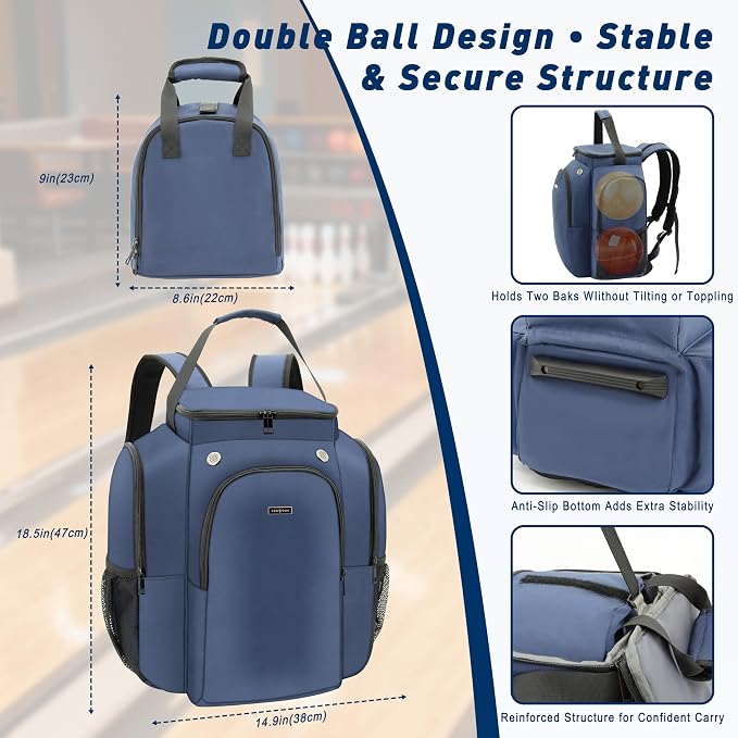 2-Ball Bowling Backpack with Shoe Storage – Heavy Duty Padded Travel Bag