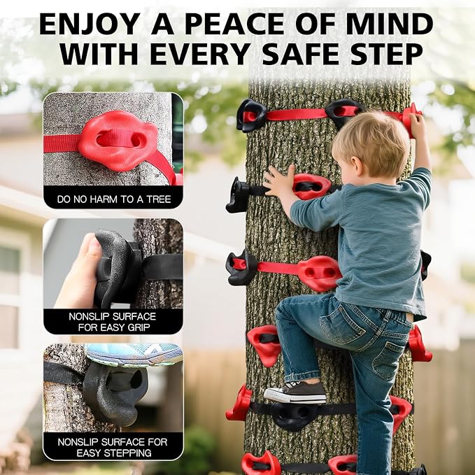 TOPNEW 18 Ninja Tree Climbing Holds for Kids Climber, Red & Black Tree Climbing Kit with 6 Ratchet Straps for Outdoor Ninja Warrior Obstacle Course Training