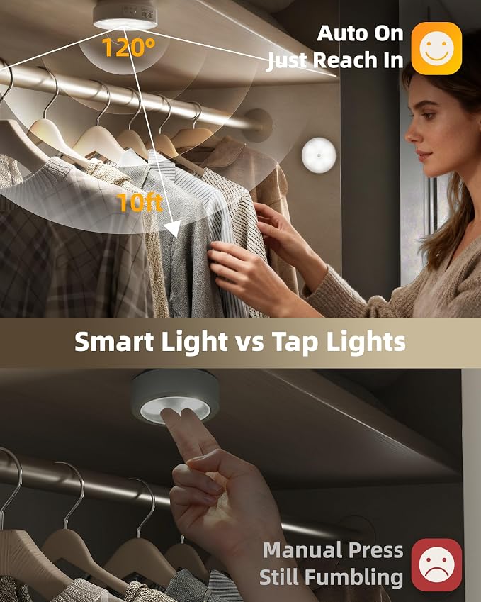 EZVALO 4 Pack Motion Sensor Closet Lights with Charging Station, 1200mAh Rechargeable LED Under Cabinet Lighting, Puck Light, Dimmable, 3 Color Temps, Magnetic, Stick-On for Kitchen, Closet, Stairs