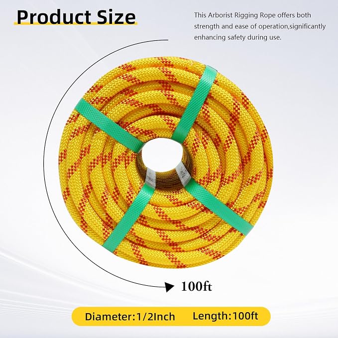 Arborist Rope, 1/2 Inch x 100 Feet Double Braided Climbing Rope Polyester for Outdoor, Climbing, Hiking, Swing, Tree Work, Halyard, Sailing etc(Yellow)