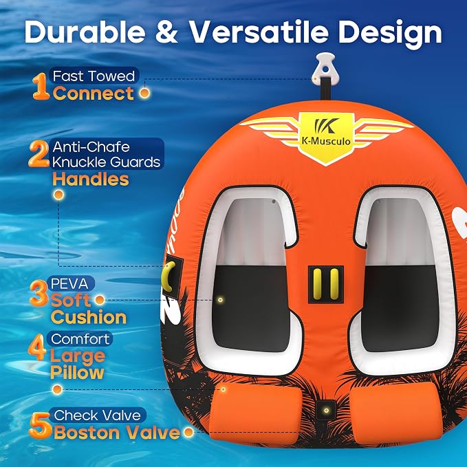 K-Musculo Towable Tubes for Boating - 2-3 Person Boat Tubes & Towables, EVA Foam Pads, Drainage, Super Safe Handle, Quick Connector