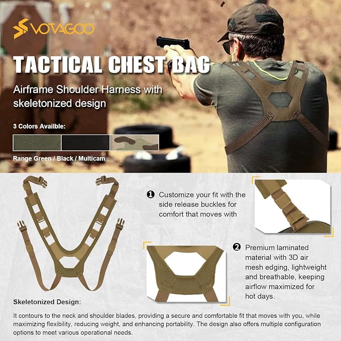 VOTAGOO GEAR Tactical Chest Rig Bag, 3L Utility Hypalon Molle Chest Rig With Map Pocket 500D Cordura Chest Bag for Hunting Workouts (Multicam)