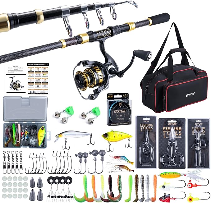 Goture Fishing Rod and Reel Combo with 900D Sling Bag/Handbag,1.8M-2.7M | Carbon Fiber Telescopic Pole,Spinning Reel,Pliers,Fish Gripper,Lures Set, for Starter Travel Saltwater Freshwater