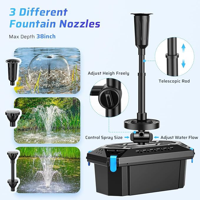 Antfraer Pond Filter with Fountain Kits, 660GPH Submersible Pond Pump with RGB LED Lights, All-in-One Pond Filter for Outdoor Ponds, Koi Pond, Water Gardens & Waterfall, Up to 1300 Gallons