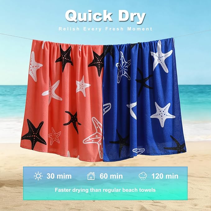 Jessy Home Microfiber 4 Pack Beach Towel Set, 40x70in Oversized Beach Towel, Quick-Dry Sand-Free Highly Absorbent Swim Towel, Soft Pool Towel, Marine Mixed Prints of Starfish & Sea Turtle for Vacation