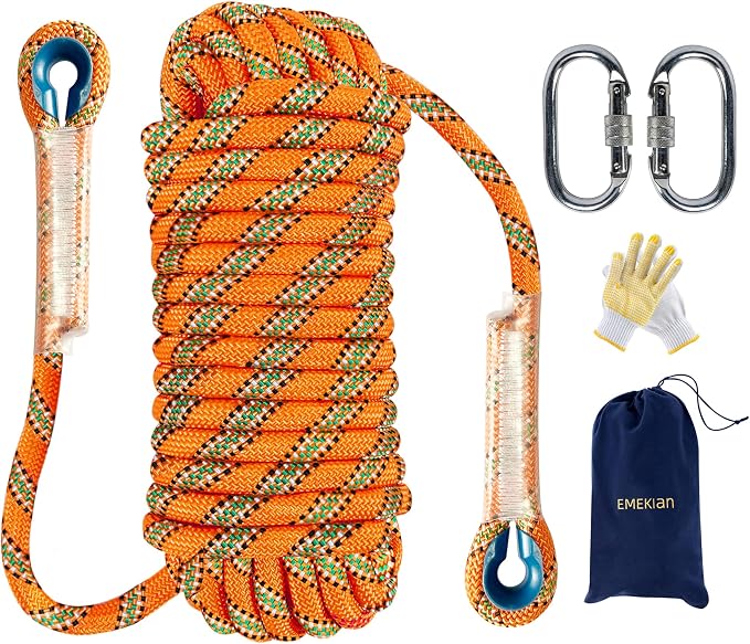 Indoor Outdoor Climbing Rope, 10/12/14mm (32FT/49FT/65FT/98FT) Static Rock Climbing Rope for Escape Rope, Ice Climbing Equipment, Fire Safety Rescue Rope, with Non Slip Gloves