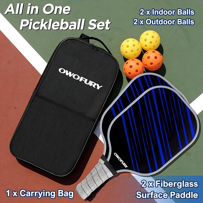 Fiberglass Pickleball Paddles Set of 2, Pickle Ball Racket Lightweight Honeycomb Core Control Paddle, with 4 Indoor Outdoor Balls and Bag for Men Women