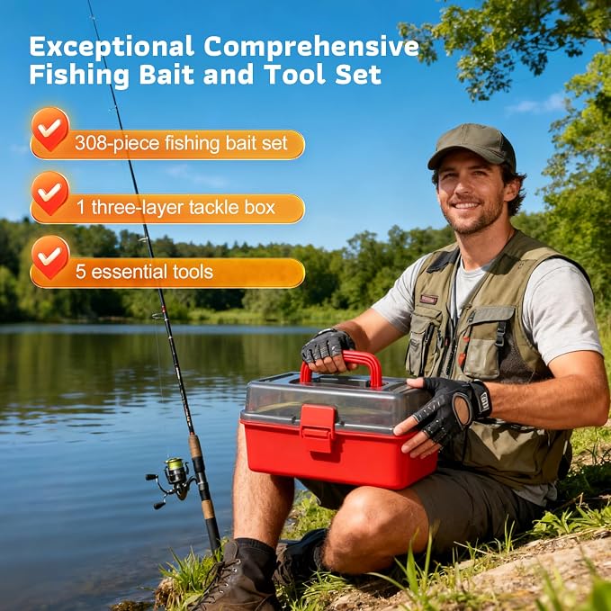 3-Layer Fishing Tackle Box with Tackle Included, 314Pcs Tackle Box Kit with Lures, 5 Tools Pliers, Scale, Lip Gripper, Hook Remover, Lanyard, Gear for Bass, Trout, Pike, Gift for Men