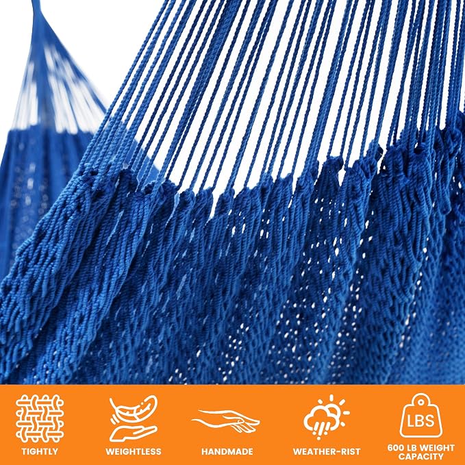 Lazy Daze Hammocks Handwoven XL Mayan Hammock, 10.5 FT Soft Rope Double Hammocks, Portable Outdoor Hammock with Carry Bag, 2 Straps & Carabiners for Patio Outside, 550 lbs Weight Capacity, Blue
