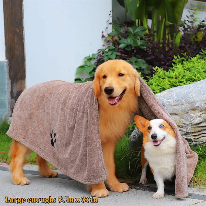 Dogvingpk Extra Large Dog Towel 1 Pack, Super Absorbent Soft Quick Drying Microfiber Pet Bath Towels for Large & Medium Dogs (XL-55" * 36", Brown)