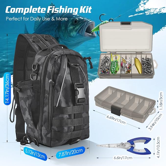 Fishing Tackle Backpack with 2 Tackle Boxes, 208PCS Complete Fishing Gear Kit for Beginners, Waterproof Fishing Bag Organizer with Fish Hook Remover, Lip Gripper, Pliers, Ideal Gift for Men