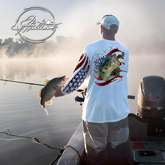 Men’s “American Flag Bass” Comfortable Fishing Shirt-UPF 50+ Interlocking Fabric, Quick-Dry, Ideal for Anglers (JM016)