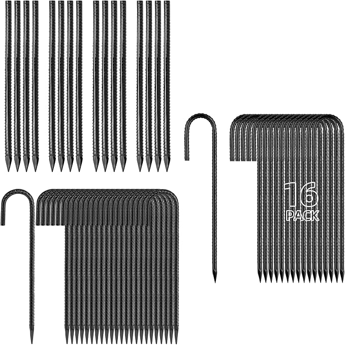 16 inches J Stakes 24-Pack and Straight Rebar Stakes 16-Pack, 12 inches J Hook Stakes 16-Pack