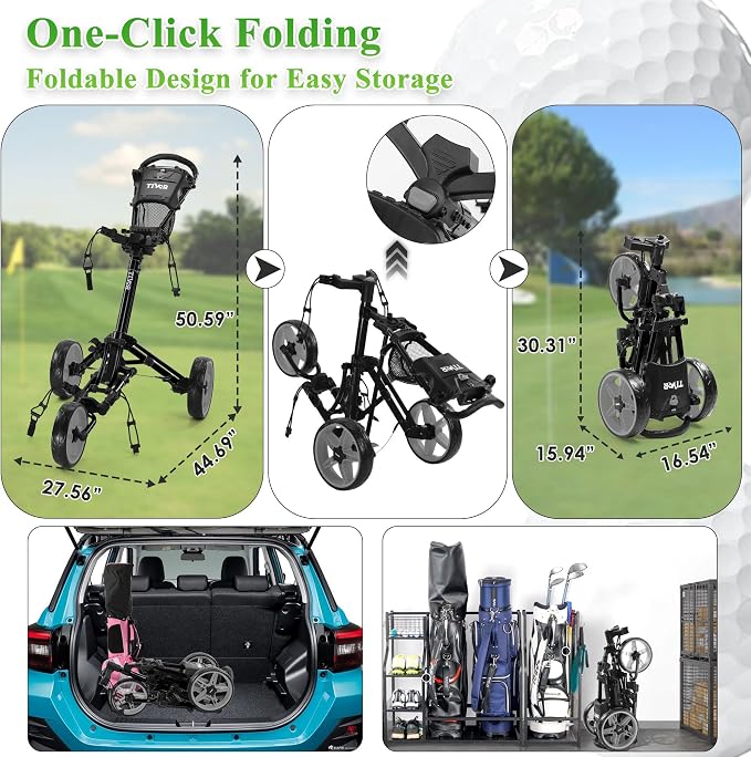 Tivor Lightweight Golf Push cart 3 Wheel,Foldable Golf Trolley for Adults and Junior with Ergonomic Adjustable Handle, Scorecard Holder, Umbrella Mount, Foot Brake, All-Terrain Wheels
